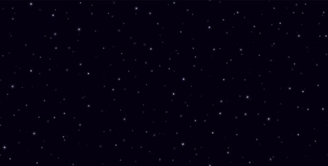 Night sky with shining stars seamless pattern. Fireflies flying in the night, white sparkles on a dark blue background. Stardust light effect. Abstract vector backdrop.