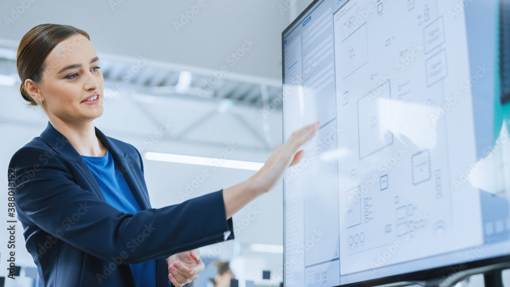 Leinwandbilder female concept developer use digital interactive whiteboard that shows 3d printed circuit board conc