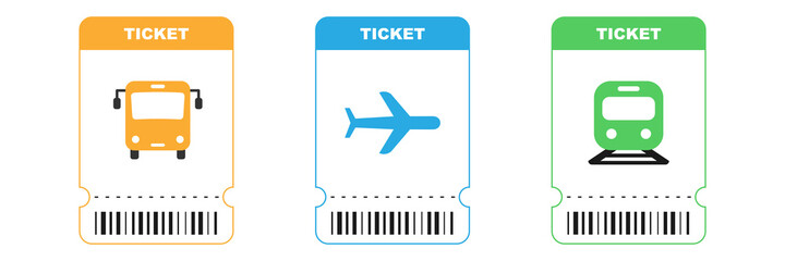 Travel tickets for bus, plane and train. Isolated subway and railway pass card. Airplane ticket with barcode on white background. Transport pictogram in orange, blue and green colors. EPS 10. © ivbiv
