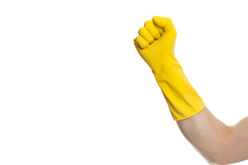 hand in yellow latex Glove For Cleaning isolated on white background.