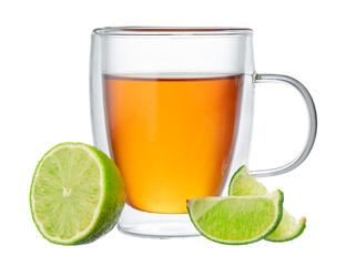 Glass cup of black tea with bergamot isolated on white