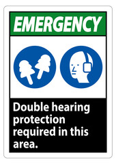 Emergency Sign Double Hearing Protection Required In This Area With Ear Muffs & Ear Plugs