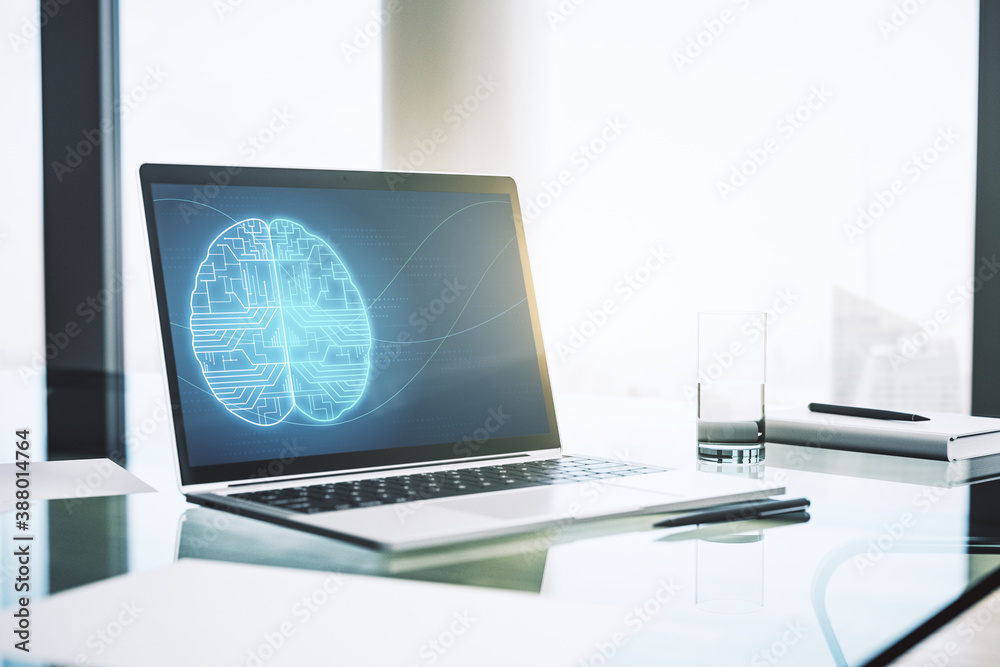 Poster creative artificial intelligence concept with human brain hologram on modern laptop screen. 3d rende