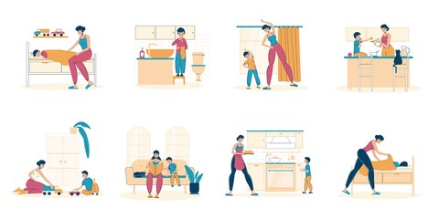 Mother son recreation, spending time together, schedule routine. Mom taking care of child, playing, cooking, reading, feeding, doing physical exercise. Daily life scene from morning to evening set