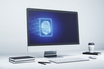 Fototapeta premium Abstract creative fingerprint illustration on modern laptop monitor, digital access concept. 3D Rendering