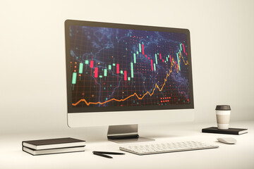 Computer monitor with abstract creative financial graph with world map, financial and trading concept. 3D Rendering