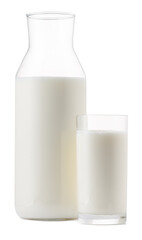 Glass bottle and cup of fresh milk isolated