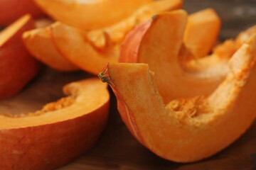 Fresh ripe pumpkin on a wooden table  
