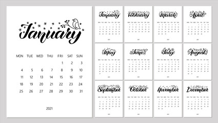 Vector Calendar Planner for 2021 Year with handdrawn lettering and doodles. Set of 12 Months. Week Starts Monday. Stationery Design. Objects isolated on white background.