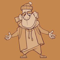 sketch of cartoon winking smiling male tourist with backpack standing open arms