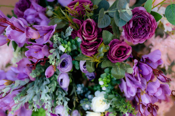 Closeup image of beautiful flowers wall background with amazing colorful roses. Top view