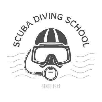 Scuba diving emblems or logo, diving mask and aqualung, underwater swimming design with face of diver