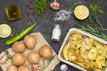 Raw potatoes on paper, baked potatoes in foil with dill. Rosemary and green peppers, garlic and lemon on table