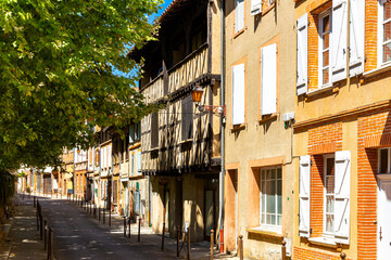 View of streets and houses of Muret commune in Haute-Garonne department, southwestern France