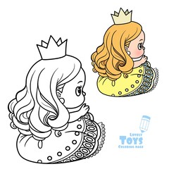 Cute cartoon toy princess doll outlined and color for coloring book