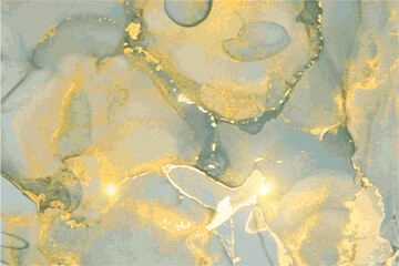 Blue, grey, teal and gold stone marble texture. Alcohol ink technique abstract vector background. Modern luxury paint in natural colors with glitter. Template for banner, poster. Fluid art painting