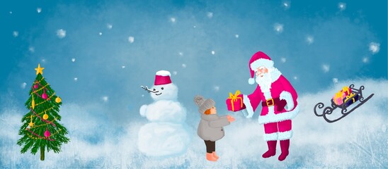 Santa Claus with baby and gift. Merry Christmas and a happy new year! Illustration with the congratulation of the coming year. Winter. Banner