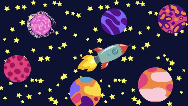 Cartoon Space. Cartoon rocket flies in outer space past the suspended planets, satellites and other objects. Flat loopback animation.