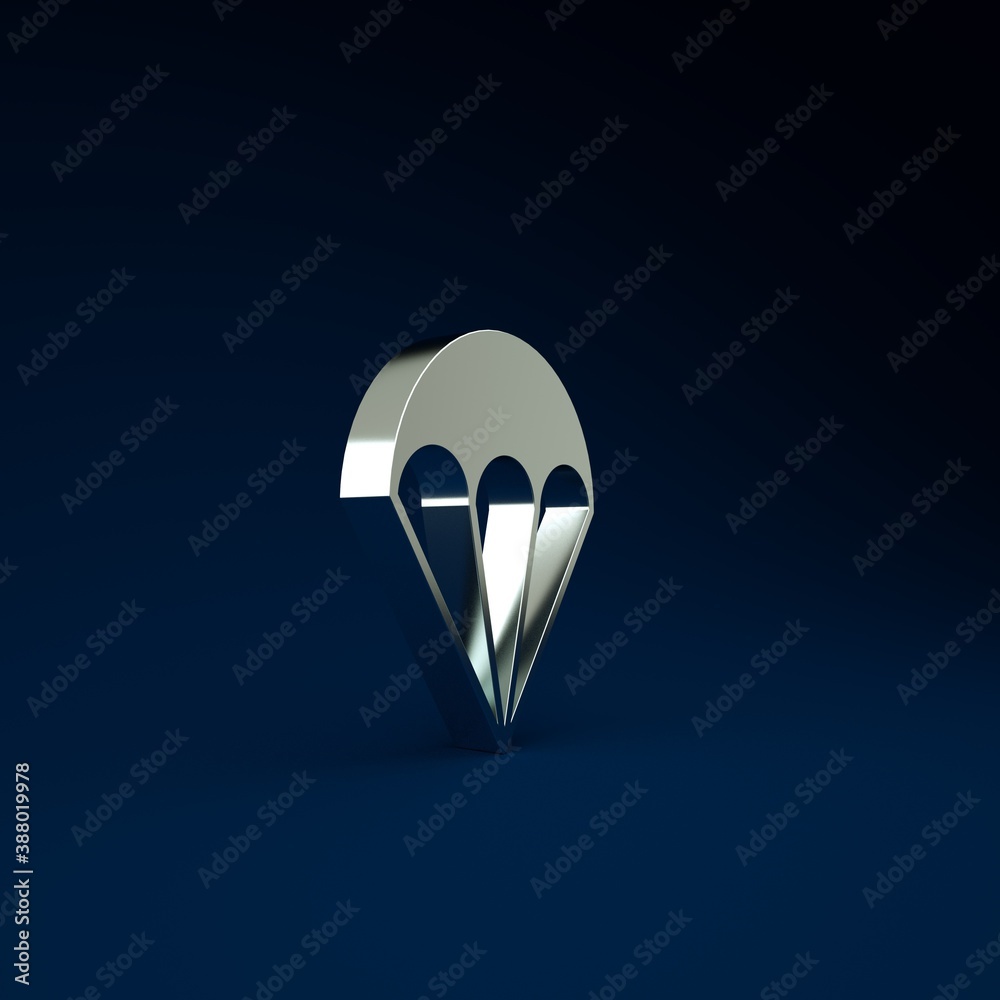 Poster silver parachute icon isolated on blue background. extreme sport. sport equipment. minimalism concep