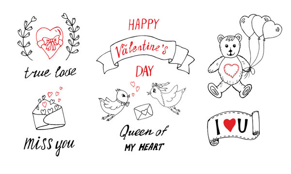 Love doodles set. Valentine's Day hand drawn doodles, love symbols, love messages, design elements. Can be used for postcards, invitations, printing, gift wrapping, making, sewing. Romantic background