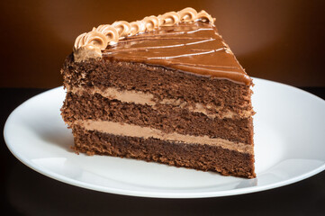 a piece of chocolate cake on white plate on black and brown background
