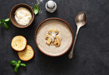 Soup puree with mushrooms and cheese on a concrete background. View from above.