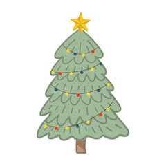 Christmas tree with Xmas balls, garland and star. Winter holidays design for greeting cards decoration. Vector illustration.