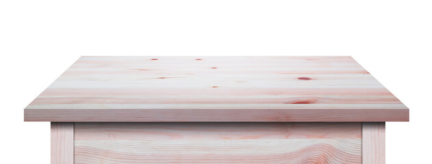 Wooden table isolated on white background, for use product display, ornament, or decoration concept. Empty old wood desktop top view.