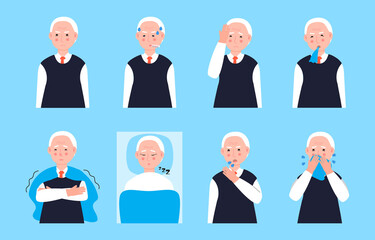 Sick old man coughing, sneezing. Set senior vector of cold, flu, sore throat, measles. Illustrations of fever, allergy, headache, vomiting are isolated on blue background