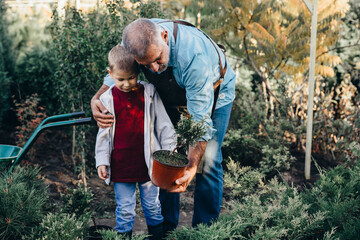 senior man with his grandchild working in his plant nursery