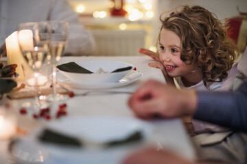 Small girl with family sitting indoors celebrating Christmas together.