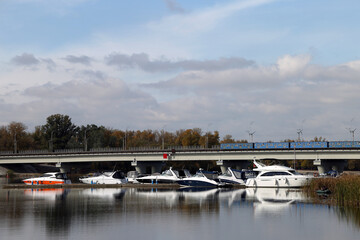 boat parking and bridge with metro train