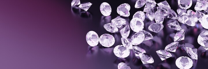 3d illustration. Diamonds on a lilac reflective background.