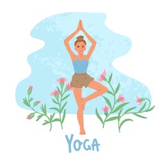 Obraz na płótnie Canvas Woman do yoga. Pattern of plants. Outdoor sports, online activity at home. Vector illustration