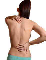 Naklejka premium Female holding hand to section of kidney. Isolated on white.