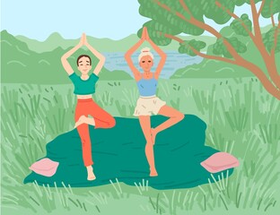 Obraz na płótnie Canvas Playing sports with a friend in nature. Picnic and yoga. Asana and meditation in the mountains. Vector illustration