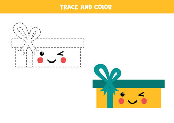 Trace and color cute kawaii present box. Handwriting practice for kids.