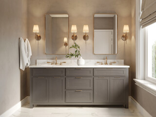 3d classic luxury contemporary chic beige  bathroom with two rectangle brass mirrors and a dark wood cabin	
