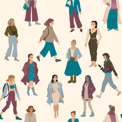 Fototapeta na wymiar Women and girls teens walking. Set of different women. Seamless pattern design. Vector illustration for paper presents design.