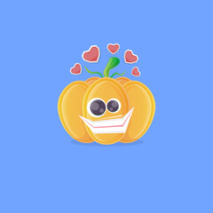 vector funny cartoon pumpkin character isolated on blue background. funky smiling cute autumn vegetable character. Halloween cartoon smiling pumpkin