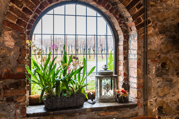 Winter in the ancient village. The old hearth and the window on the vineyard.