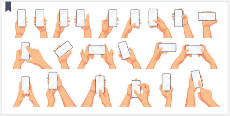 Set of realistic human hands, gestures and movement with the phone, isolated vector illustrations on a white background