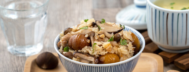 Delicious Japanese chestnut and chicken with shimeji seasoned mixed rice (takikomi gohan).