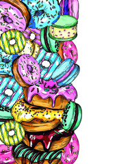 Vector illustration of donuts. Different doughnuts, macarons, cookies, icing, decoration. Bright postcards and colorful banners.
