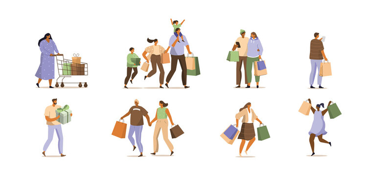 People Character holding Shopping Bags with Purchases. Woman and Man Customers Buying on Seasonal Sale in Store, Fashion Mall. Buyers Characters Collection. Flat Cartoon Vector Illustration.