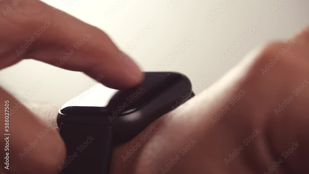Aufkleber Man using trendy smartwatches mobile app on touch screen. New gadget to view incoming messages and calls to a mobile phone. Stylish touchscreen wrist watches with navigation mobile application