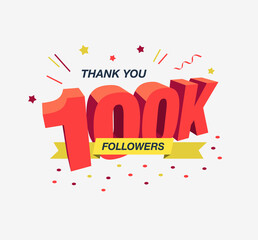 Thank you 100k or 100 000 social media followers, modern flat banner. Easy to use for your website or presentation.