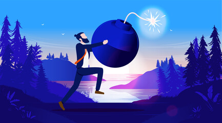 Getting rid of problems - Businessman running away with bomb in panic. Trying to get rid of crisis at hand concept. Vector illustration.