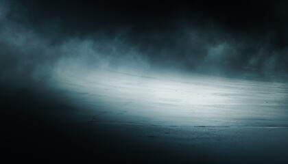 Dark abstract background. Empty dark street background at night. Spotlight reflects on the asphalt, blurry night lights. Smoke, fog. 3d illustration