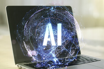 Creative artificial Intelligence symbol concept with modern computer on background. Double exposure
